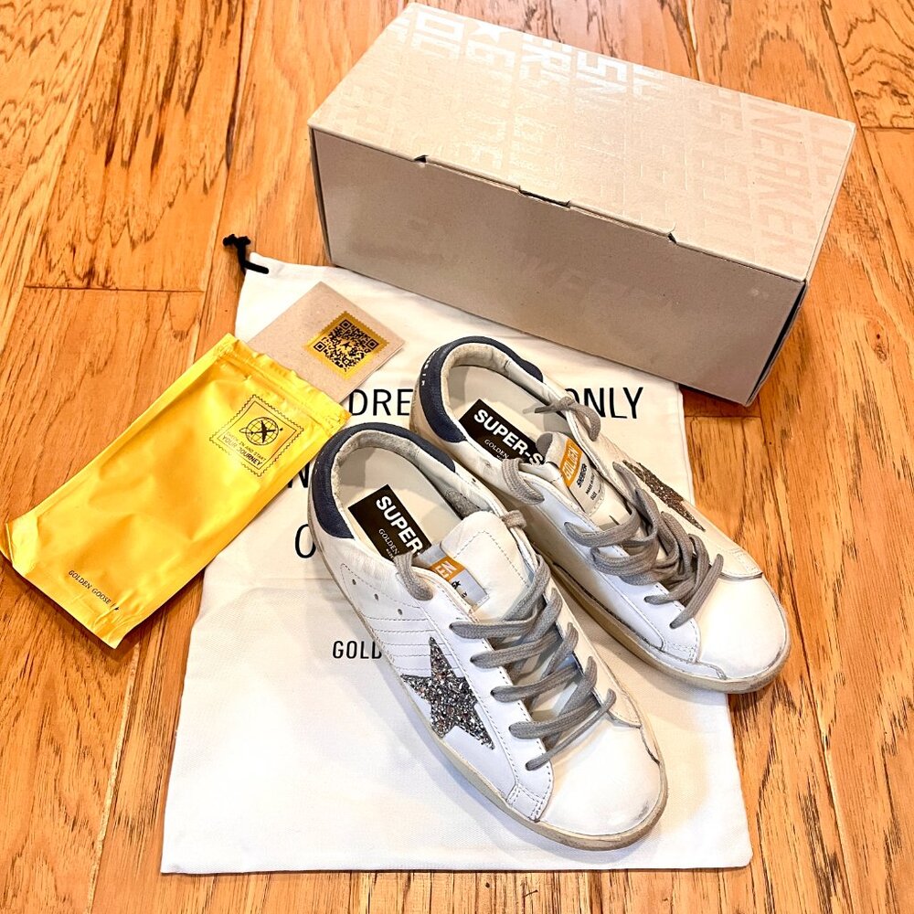 NWB Golden Goose Private Edition SuperStar Sneakers EU 38 Silver Glitter Star - Picture 10 of 11